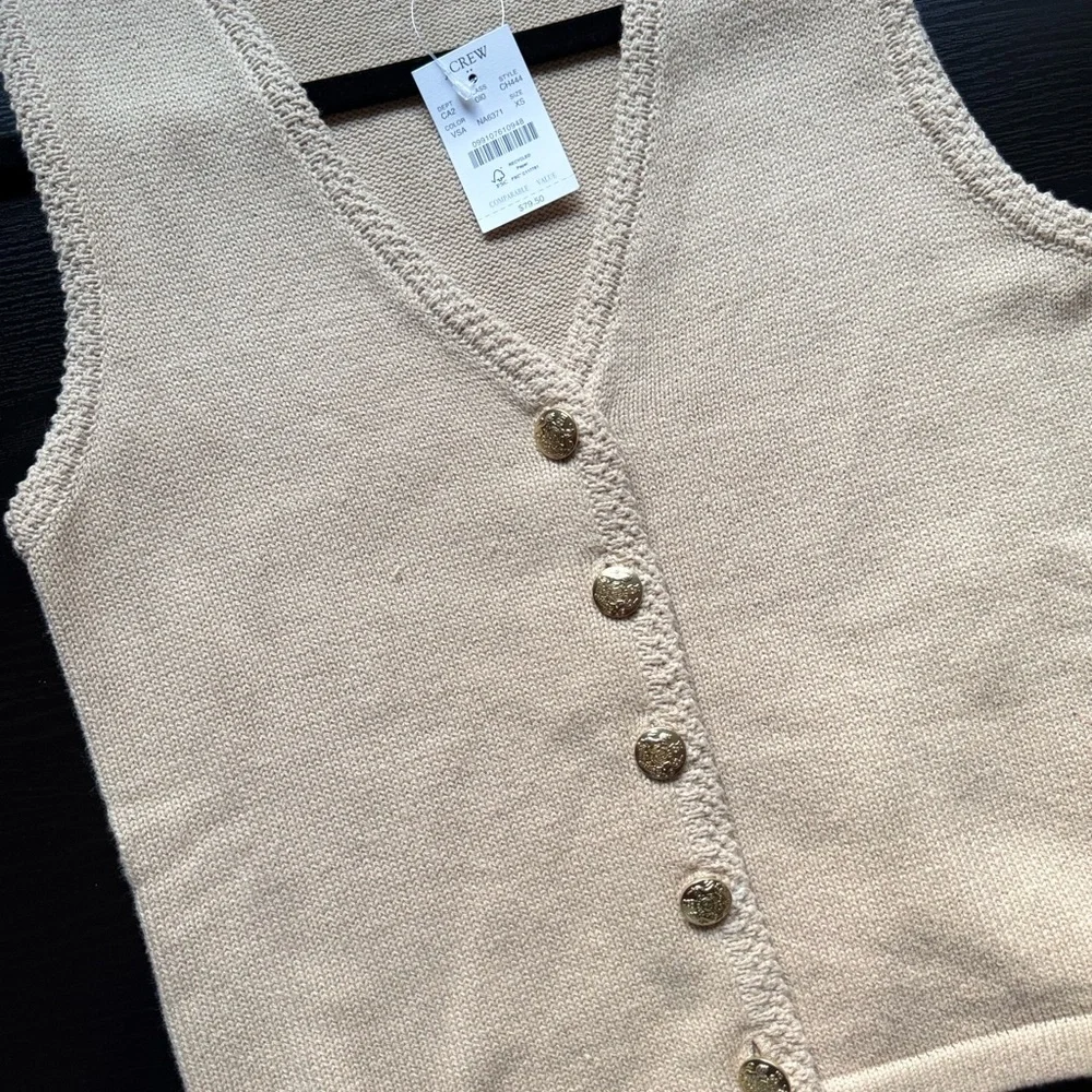 J.Crew NWT Oatmeal Sweater Vest Gold Crest Buttons V-Neck XS